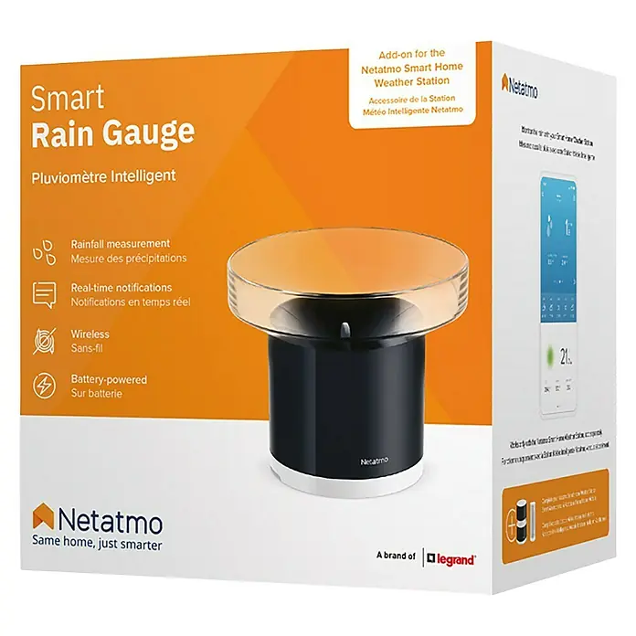 Netatmo Pluviómetro - Funciona con pilas, Diámetro: 13 cm, Negro, Plateado - Vista angular