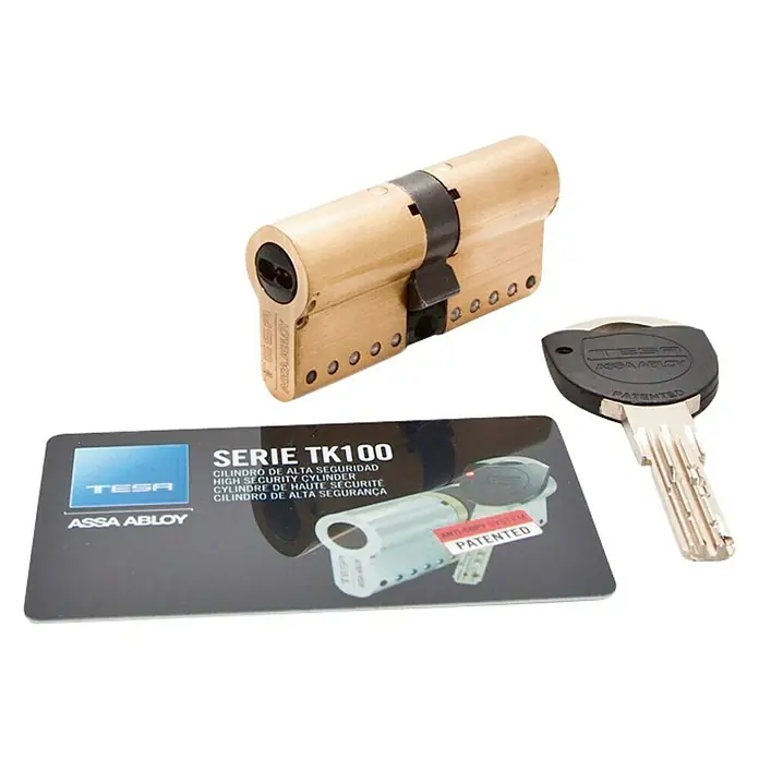 Tesa Assa Abloy Cilindro de perfil de seguridad TK100 - Número de llaves: 5 ud., Longitud total interior/exterior: 40/40 mm, Latón