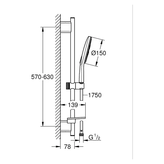 Grohe Conjunto de ducha Vitalio SmartActive Cube 150 - Distancia entre orificios: 57 cm - 63 cm, Tipos de chorro: Rain, Jet y Active Massage, Cromo - Dibujo técnico