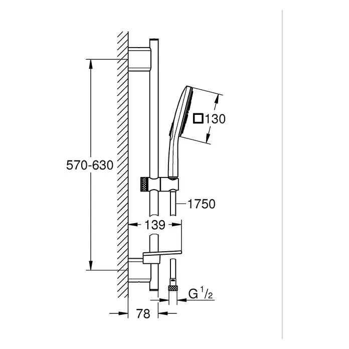 Grohe Conjunto de ducha Vitalio SmartActive Cube 130 - Distancia entre orificios: 57 cm - 63 cm, Tipos de chorro: Rain, Jet y Active Massage, Cromo - Dibujo técnico