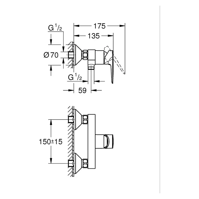 Grohe Start Edge Grifo monomando de ducha - Cromo, Brillante - Dibujo técnico