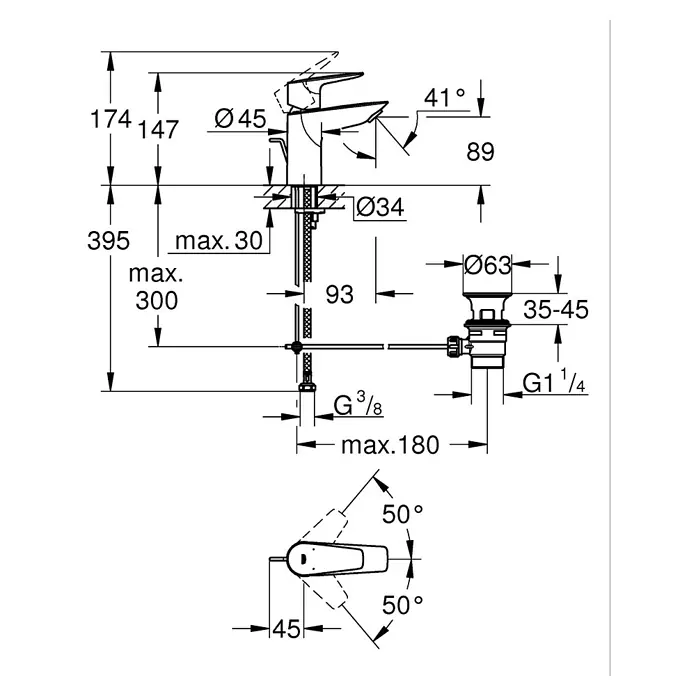 Grohe Start Edge Grifo de lavabo S - Cromo, Brillante - Dibujo técnico