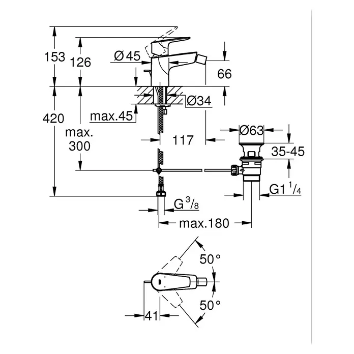 Grohe Start Edge Grifo monomando de bidé - Cromo, Brillante - Dibujo técnico