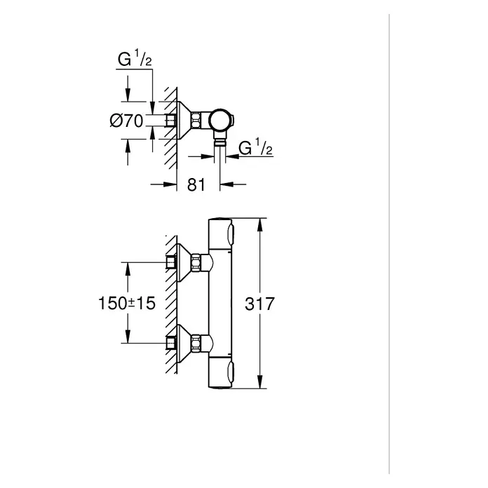 Grohe Brausethermostat Precision Flow - Chrom, Glänzend - Skizze