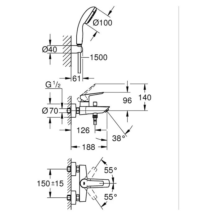 Grohe Start Grifo monomando de bañera + conjunto ducha - Cromo, Brillante - Dibujo técnico