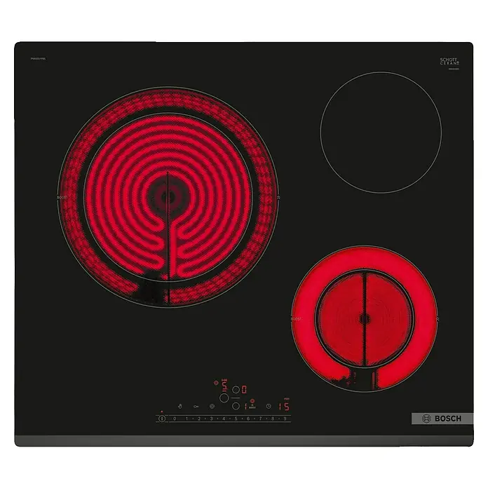 Bosch Placa de cocción vitrocerámica PKK631FP8E - Zonas de cocción: 3 ud., Eléctrico, Indicador de calor residual - Vista superior