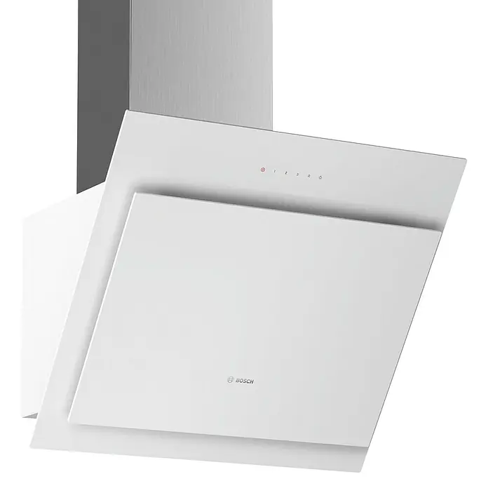 Bosch Campana extractora de vidrio DWK67CM20 - Ancho: 60 cm, Potencia de aire máx.: 700 m³/h, Blanco - Vista angular