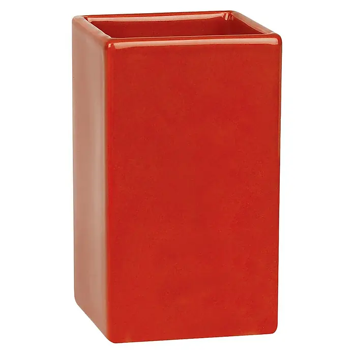 Spirella Zahnputzbecher Quadro - L x B x H: 6,5 x 5,5 x 10,5 cm, Porzellan, Rot - Diagonale Ansicht