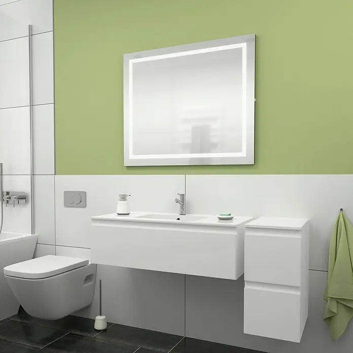 Camargue Espacio Kupaonski ormarić za nasadni umivaonik - 100 x 46 x 30 cm, 1 ladica, Gama bijela mat - Moderna kupaonica s osvijetljenim ogledalom iznad bijelog ormarića s ladicama i visećim WC-om.