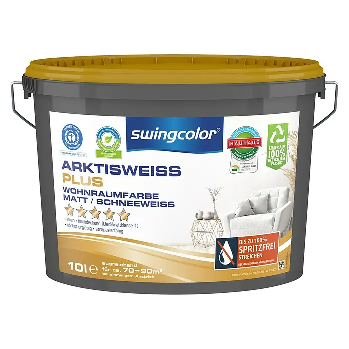 swingcolor Wandfarbe Arktisweiß Plus - Schneeweiß, 10 l, Matt - Vorderansicht