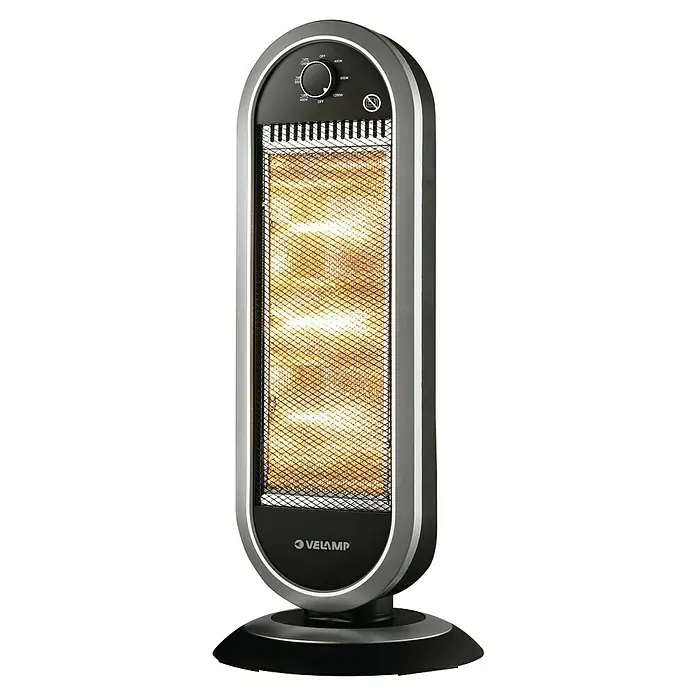 Velamp Halogen-Heizstrahler - L x B x H: 30 x 30 x 70,5 cm, 400 W - 1.200 W, 70° schwenkbar, Schwarz/Silber - Diagonale Ansicht