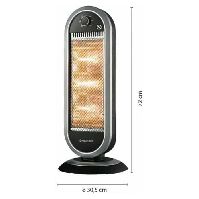 Velamp Halogen-Heizstrahler - L x B x H: 30 x 30 x 70,5 cm, 400 W - 1.200 W, 70° schwenkbar, Schwarz/Silber - Skizze