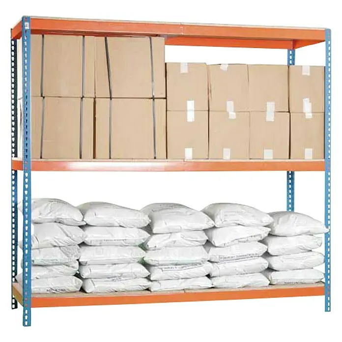 Simonrack Simonforte Estantería para cargas pesadas Chipboard - L x An x Al: 75 x 150 x 150 cm, Capacidad de carga: 600 kg/balda, Número de baldas: 3 ud., Azul/Naranja - Vista angular
