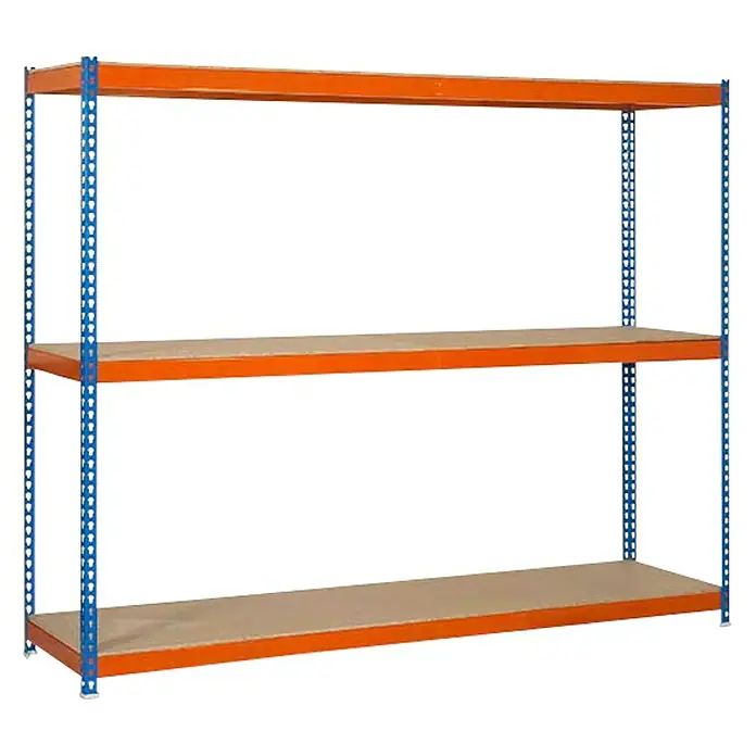 Simonrack Simonforte Estantería para cargas pesadas Chipboard - L x An x Al: 75 x 150 x 150 cm, Capacidad de carga: 600 kg/balda, Número de baldas: 3 ud., Azul/Naranja - Vista angular