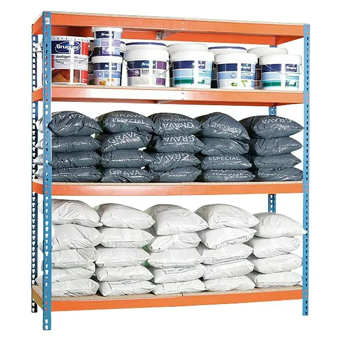 Simonrack Simonforte Estantería para cargas pesadas Chipboard - L x An x Al: 60 x 210 x 200 cm, Capacidad de carga: 600 kg/balda, Número de baldas: 4 ud., Azul/Naranja - Vista angular