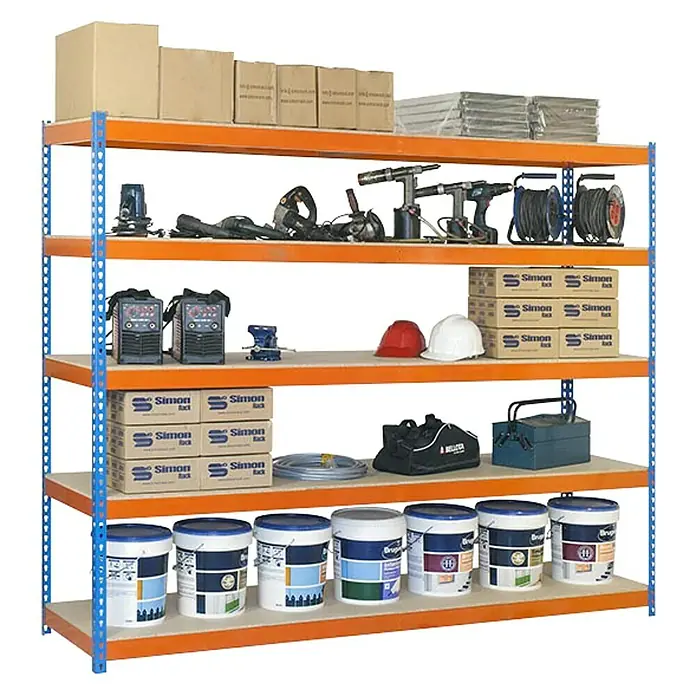 Simonrack Simonforte Estantería para cargas pesadas Chipboard - L x An x Al: 45 x 210 x 200 cm, Capacidad de carga: 500 kg/balda, Número de baldas: 5 ud., Azul/Naranja - Vista angular