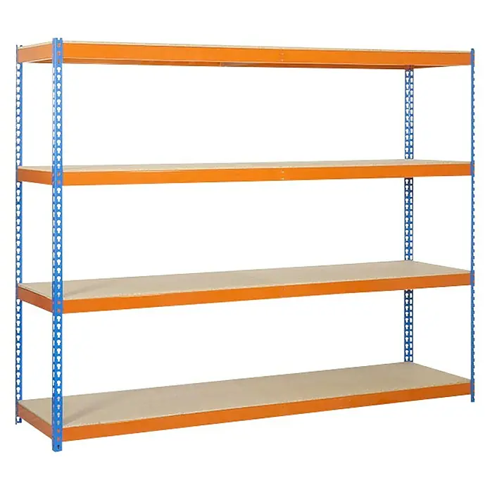 Simonrack Simonforte Estantería para cargas pesadas Chipboard - L x An x Al: 75 x 210 x 200 cm, Capacidad de carga: 400 kg/balda, Número de baldas: 4 ud., Azul/Naranja - Vista angular