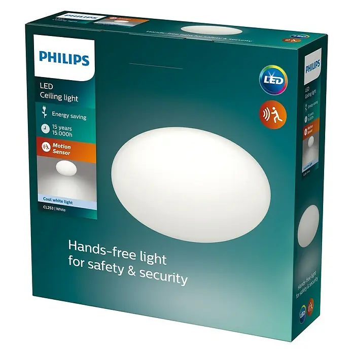 Philips Plafón LED con sensor CL253 - 12 W, L x An x Al: 26 x 26 x 8 cm, Blanco, Blanco neutro