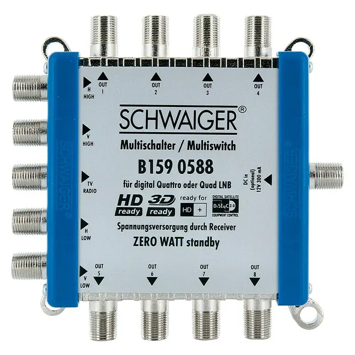 Schwaiger SAT-Multischalter 5 auf 8 - 950 - 2.150 MHz SAT, F-Buchse - Vorderansicht
