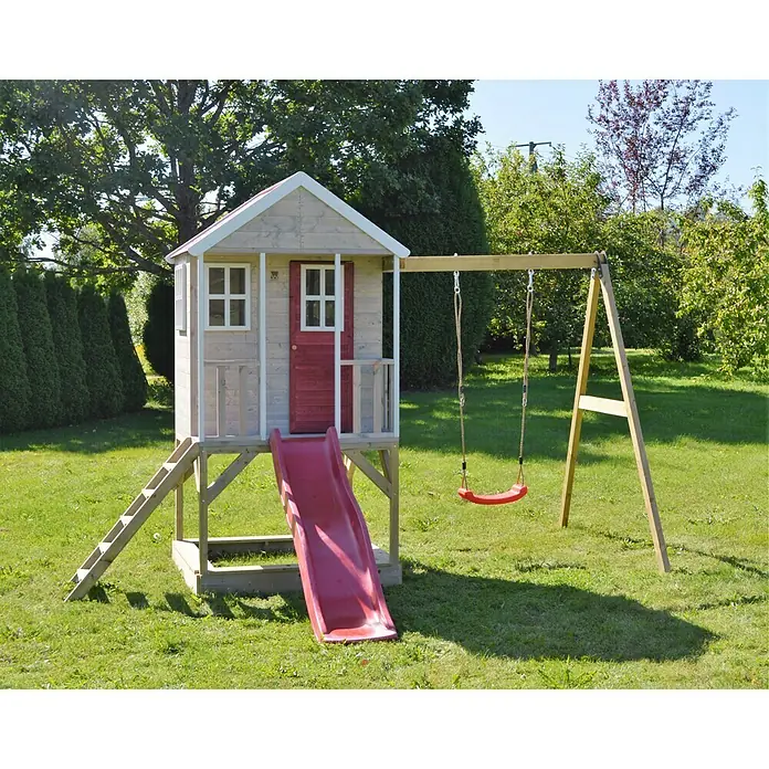 Wendi Toys Spielhaus Alpaka - 290 x 350 cm, Holz, Natur/Rot - Stimmungsaufnahme
