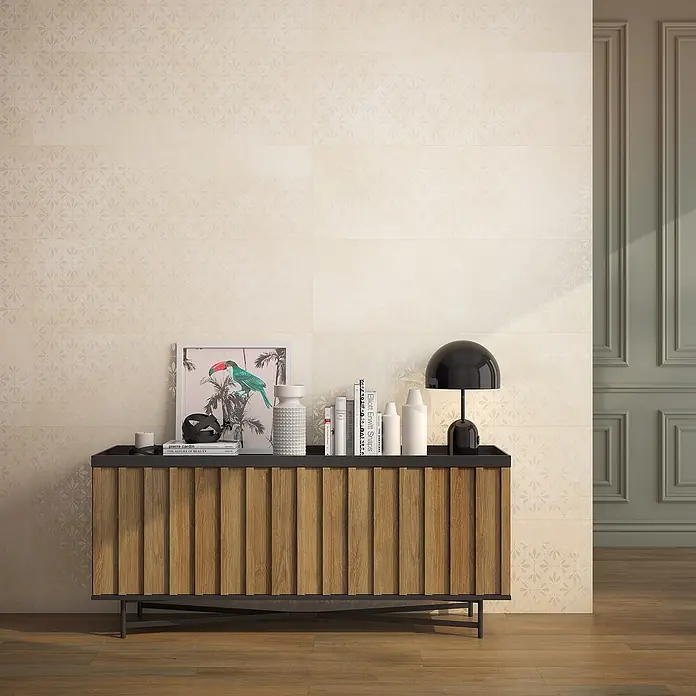 BHS Showroom Revestimiento cerámico Energy Ornato - 40 x 120 cm, Ivory, Rectificado, Efecto cemento - Foto ambiente