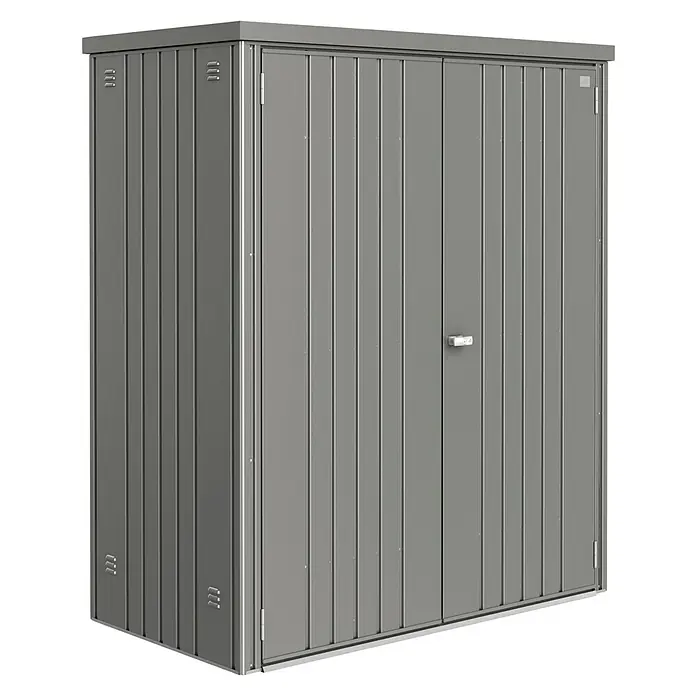 Biohort Geräteschrank 150 - Außenbreite inkl. Dachüberstand: 155 cm, Außentiefe inkl. Dachüberstand: 83 cm, Stahl, Quarzgrau - Diagonale Ansicht