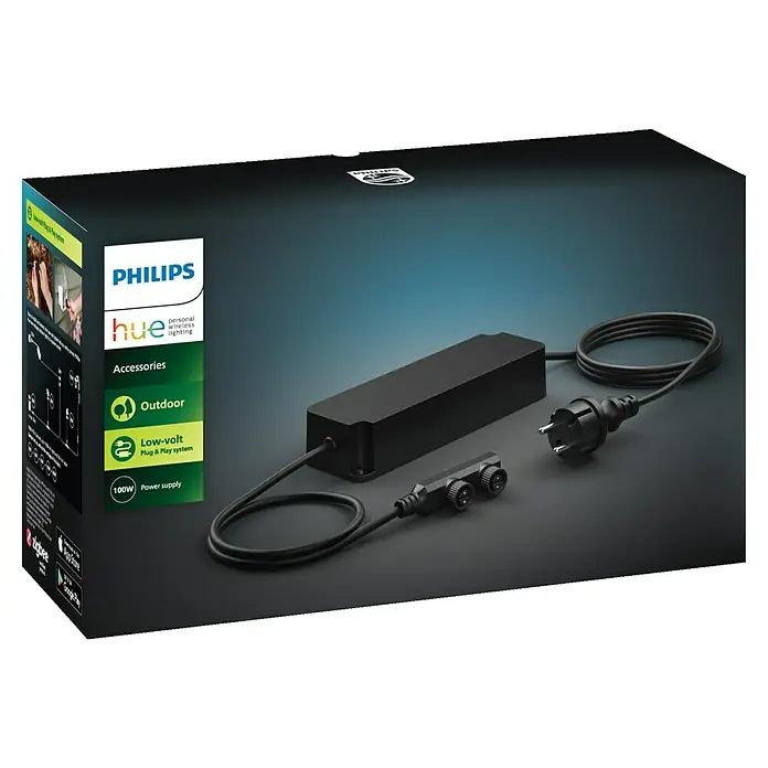 Philips Hue Netzteil Outdoor - Max. Leistung: 100 W, Schwarz, L x B x H: 20 x 7 x 4,5 cm - Diagonale Ansicht