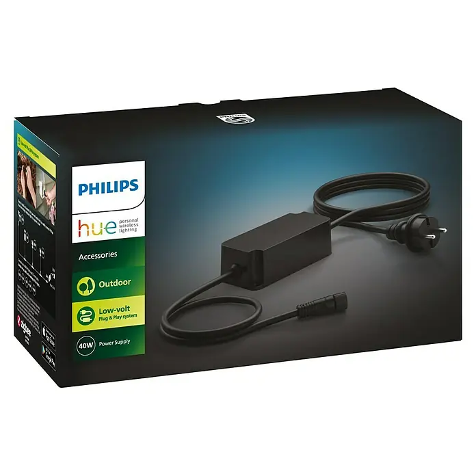 Philips Hue Netzteil Outdoor - Max. Leistung: 40 W, Schwarz, L x B x H: 13,2 x 6,5 x 4,1 cm - Diagonale Ansicht