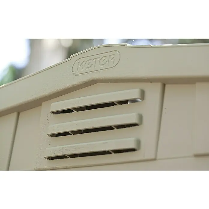 Keter Caseta para jardín Factor 6X3 - Ancho exterior incluido el voladizo del techo: 113,5 cm, Profundidad exterior incluido el voladizo del techo: 178 cm, Plástico, Beige/Marrón, Área: 2,02 m² - Primer plano