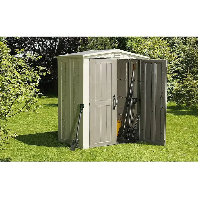 Keter Caseta para jardín Factor 6X3 - Ancho exterior incluido el voladizo del techo: 113,5 cm, Profundidad exterior incluido el voladizo del techo: 178 cm, Plástico, Beige/Marrón, Área: 2,02 m² - Foto ambiente