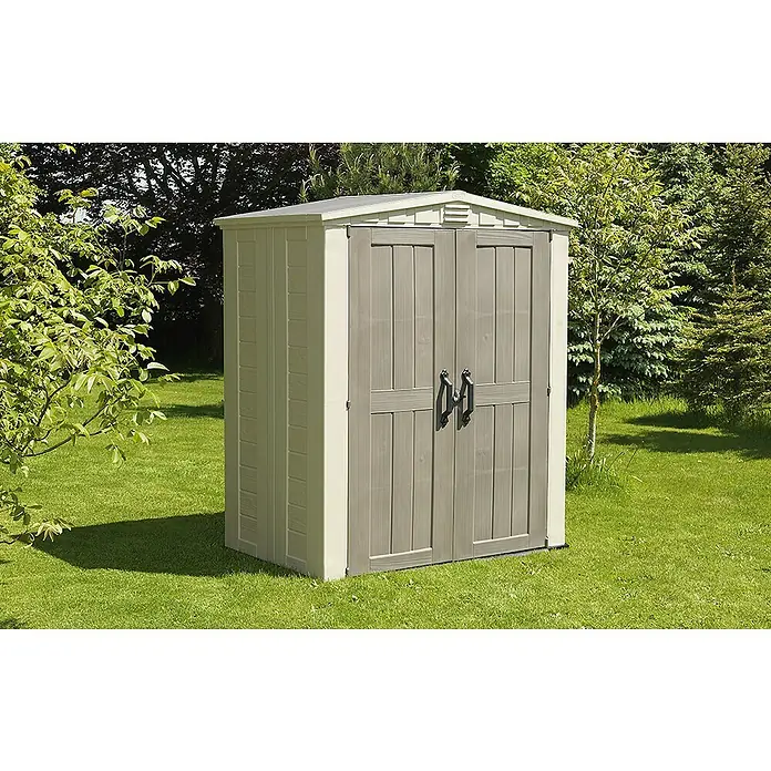Keter Caseta para jardín Factor 6X3 - Ancho exterior incluido el voladizo del techo: 113,5 cm, Profundidad exterior incluido el voladizo del techo: 178 cm, Plástico, Beige/Marrón, Área: 2,02 m² - Foto ambiente