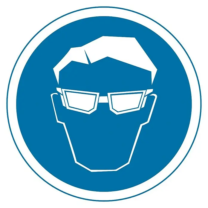Cartel - Azul/Blanco, Uso obligatorio de gafas de seguridad, 10,5 x 10,5 cm