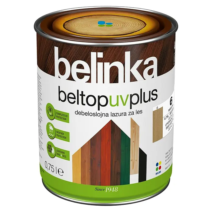 Lazura za zaštitu drva Belinka Beltop UV plus - Boja masline, 750 ml, Svilenkasti sjaj, Sadržava otapala - Pogled sprijeda