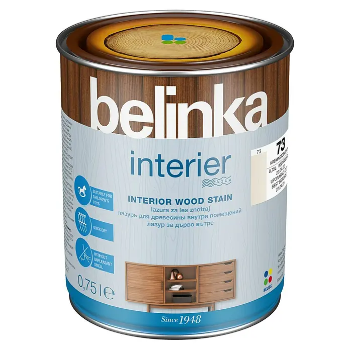 Lazura za drvo Belinka Interier 73 - Kremasto bijela, 750 ml, Svilenkasti sjaj - Pogled sprijeda