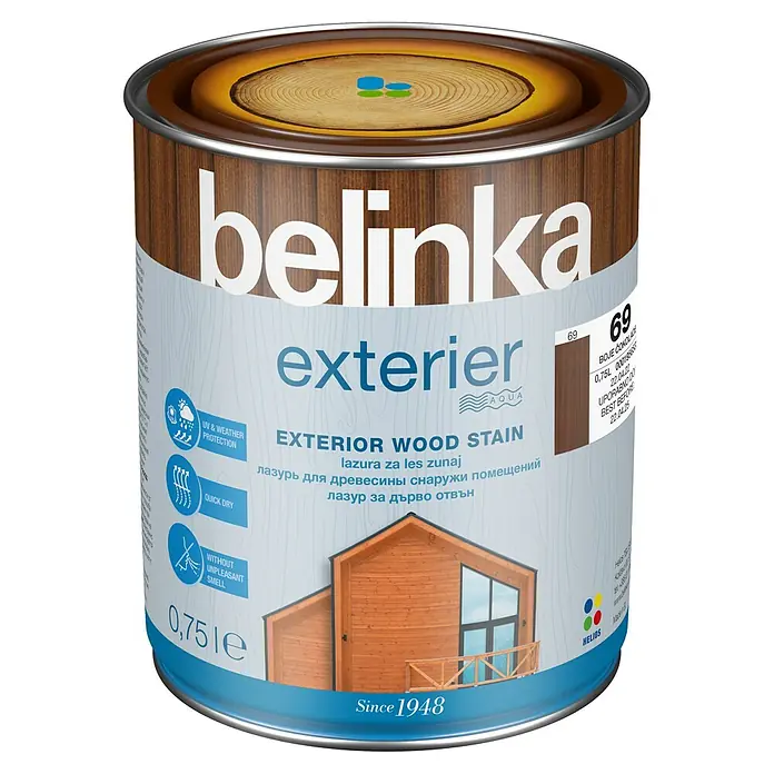 Lazura za drvo Belinka Exterier 69 - Čokolada, 750 ml, Svilenkasti sjaj - Pogled sprijeda
