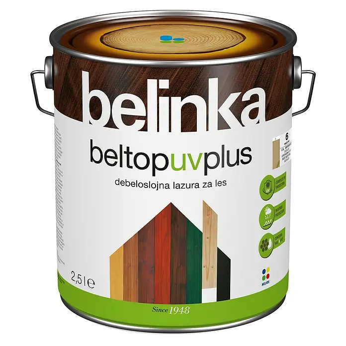 Lazura za zaštitu drva Belinka Beltop UV plus - Boja masline, 2,5 l, Svilenkasti sjaj, Sadržava otapala - Pogled sprijeda