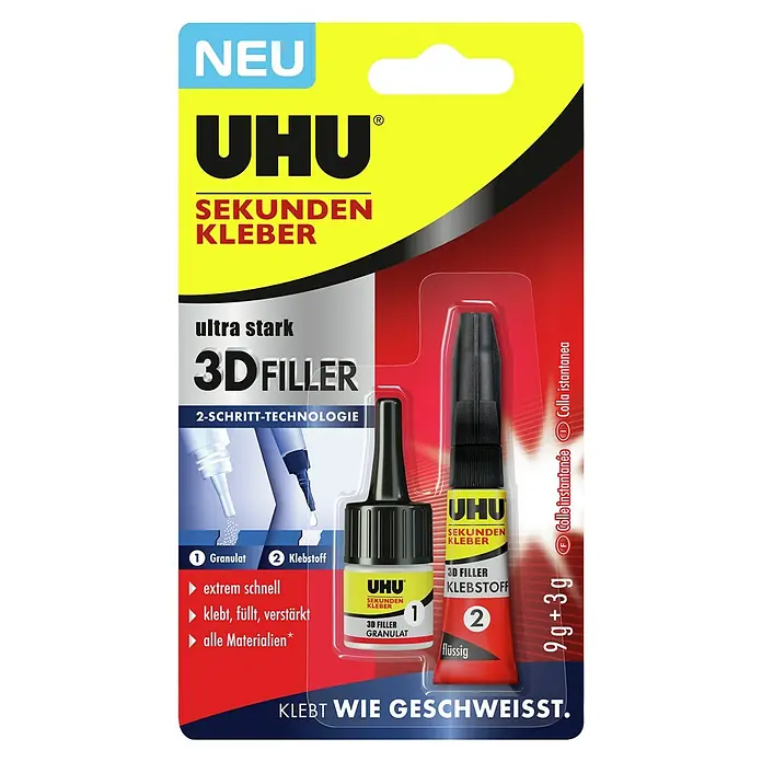 UHU Sekundenkleber 3D Filler - 1 x Klebstoff 9 g, 1 x Granulat 3 g, Flüssig - Vorderansicht