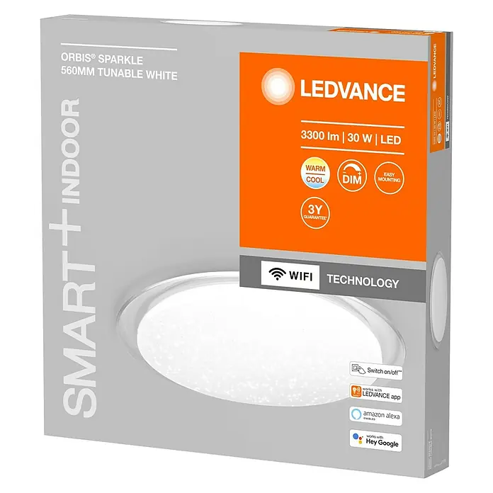 Ledvance LED-Deckenleuchte rund - 30 W, Ø x H: 56 x 7,6 cm, Weiß, Warmweiß - Diagonale Ansicht
