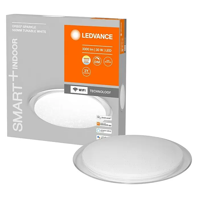 Ledvance LED-Deckenleuchte rund - 30 W, Ø x H: 56 x 7,6 cm, Weiß, Warmweiß - Diagonale Ansicht