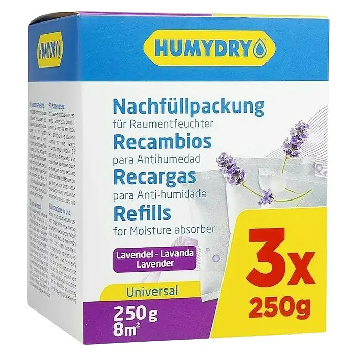 Humydry Pack de recambios para el deshumidificador Antihumedad - Lavanda, 3 ud., 250 g - Vista angular