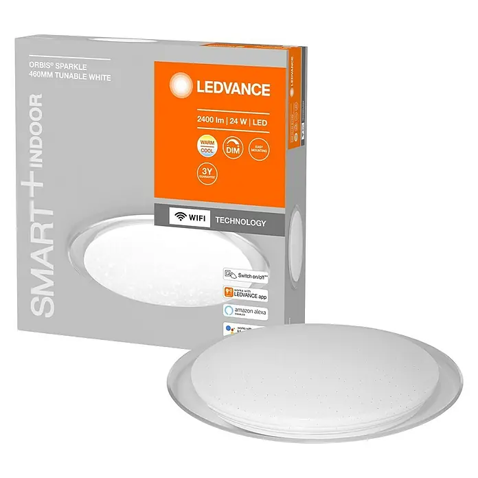 Ledvance LED-Deckenleuchte rund - 24 W, Ø x H: 46 x 7,6 cm, Weiß, Warmweiß - Diagonale Ansicht