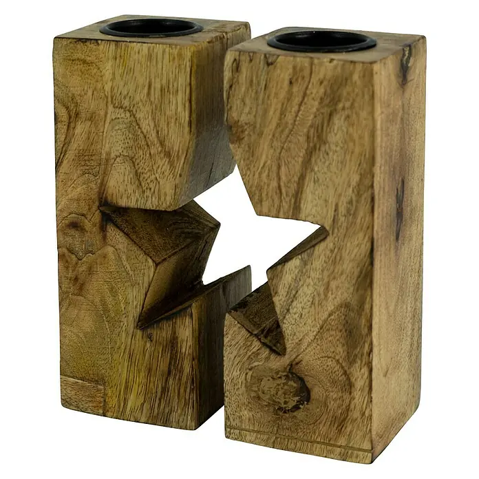 Teelichthalter Stern - L x B x H: 14 x 7 x 20 cm, Natur, Holz - Diagonale Ansicht