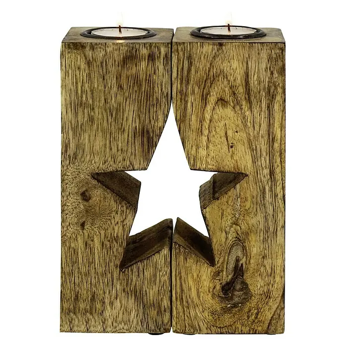 Teelichthalter Stern - L x B x H: 14 x 7 x 20 cm, Natur, Holz - Anwendungsbeispiel