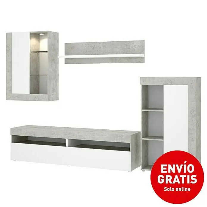 Conjunto mueble de salón Toki - Blanco/Cemento, Iluminación LED, 4 pzs. - Imagen de campaña