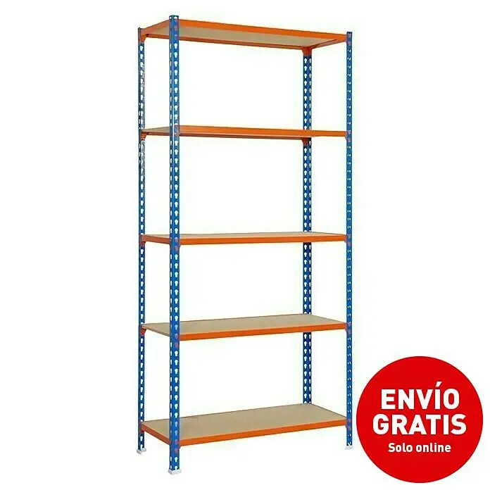 Simonrack Maderclick Estantería metálica Plus 5/400 - L x An x Al: 40 x 100 x 200 cm, Capacidad de carga: 150 kg/balda, Número de baldas: 5 ud., Inserción, Azul/Naranja - Imagen de campaña