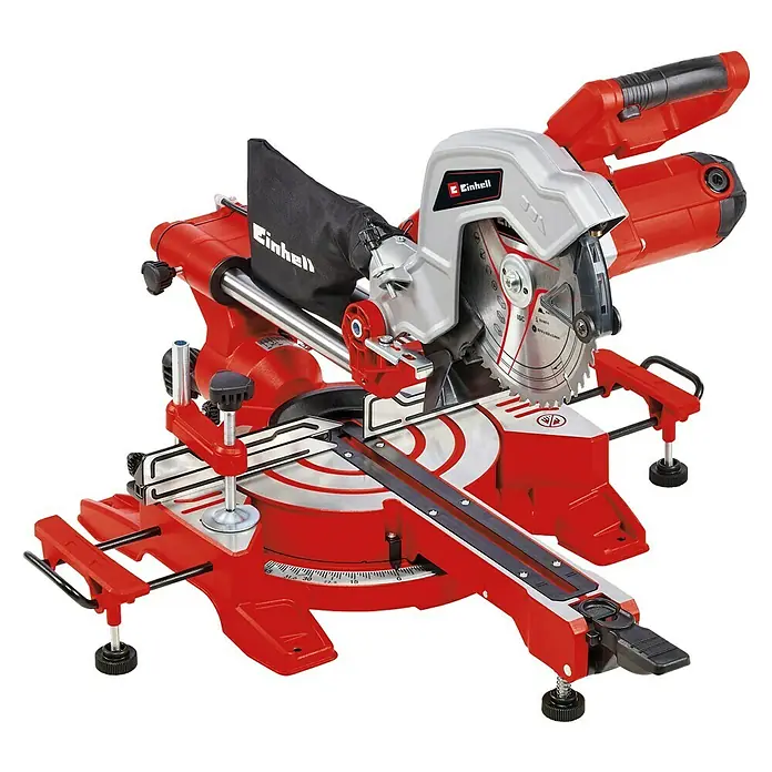 Einhell Kapp- & Gehrungssäge TC-SM 216 - 1.500 W, Durchmesser Sägeblatt: 21,6 cm, Leerlaufdrehzahl: 5.200 U/min - Diagonale Ansicht