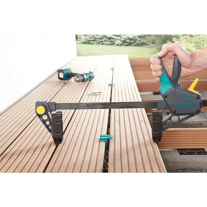 Wolfcraft Terrassenbau-Set - 10 -tlg., Geeignet für: Terrassendielen bis zu 20 cm Breite - Anwendungsbeispiel