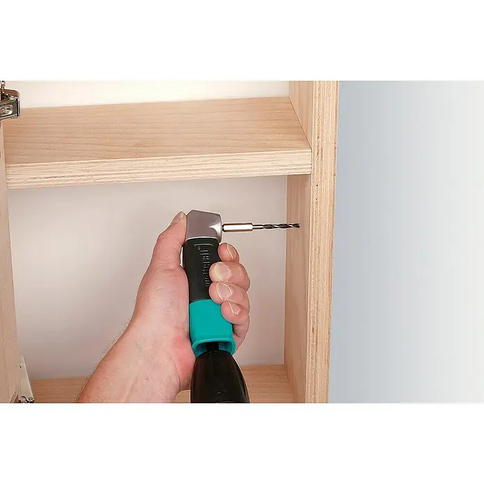 Wolfcraft Winkelgetriebe - Passend für: Akkuschrauber, Schraubendreher mit ¼″ Sechskant, Bits, Bohrer mit Sechskantschaft (Metall bis 6 mm, Holz bis 10 mm, Stein bis 10 mm), Durchmesser Schaft: ¼″ Hex, Max. Drehzahl: 400 U/min - Anwendungsbeispiel