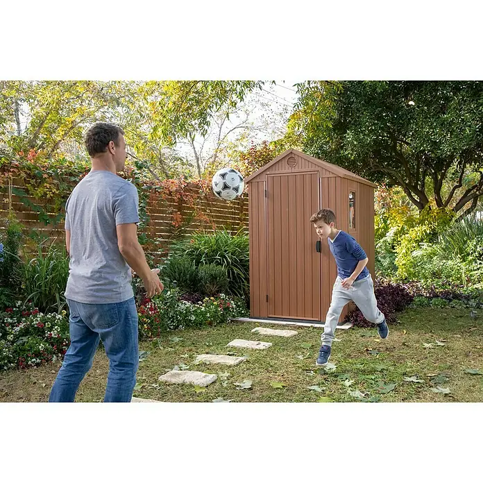 Keter Caseta para jardín Darwin 4x6 - Ancho exterior incluido el voladizo del techo: 125,8 cm, Profundidad exterior incluido el voladizo del techo: 190 cm, Plástico, Marrón