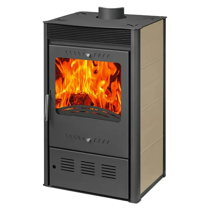 Estufa de leña Dalia Iron ventilada - 7,8 kW, Volumen de calefacción: 140 m³, Negro/Arena - Vista angular